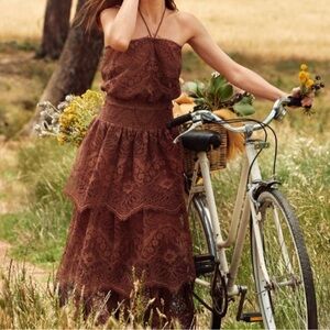 H&M Elegant Brown Lace Matching top and maxi skirt set